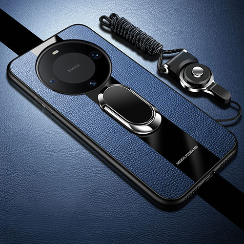 Soft Silicone Gel Leather Snap On Case Cover with Magnetic Finger Ring Stand PB1 for Huawei Mate 60 Pro+ Plus Blue