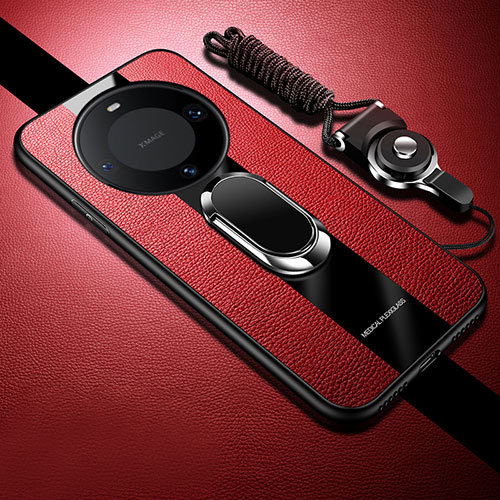 Soft Silicone Gel Leather Snap On Case Cover with Magnetic Finger Ring Stand PB1 for Huawei Mate 60 Pro Red