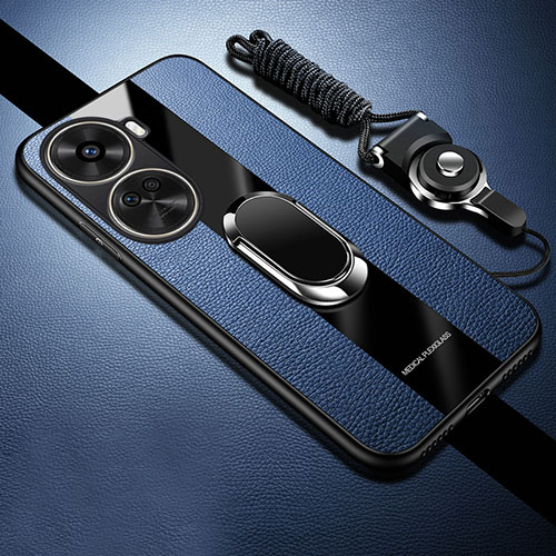 Soft Silicone Gel Leather Snap On Case Cover with Magnetic Finger Ring Stand PB1 for Huawei Nova 11 SE Blue