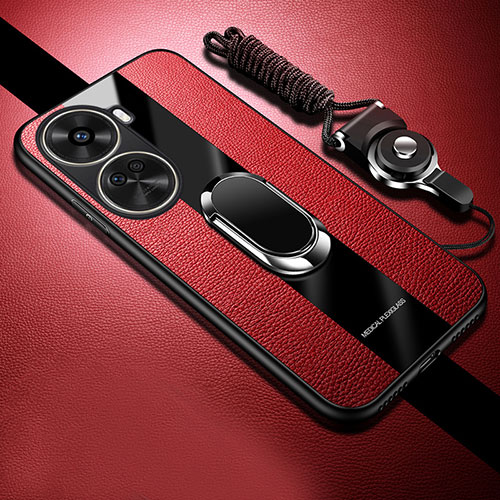 Soft Silicone Gel Leather Snap On Case Cover with Magnetic Finger Ring Stand PB1 for Huawei Nova 11 SE Red