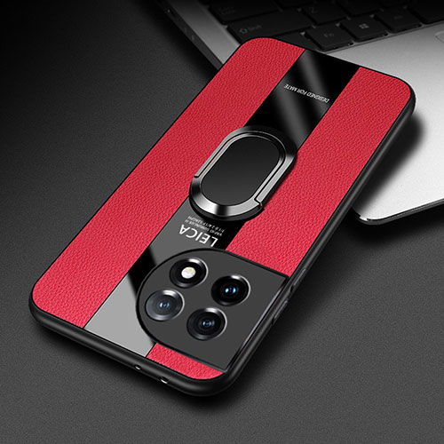 Soft Silicone Gel Leather Snap On Case Cover with Magnetic Finger Ring Stand PB1 for OnePlus 11R 5G Red