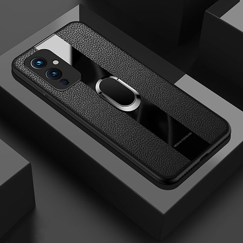 Soft Silicone Gel Leather Snap On Case Cover with Magnetic Finger Ring Stand PB1 for OnePlus 9 5G Black