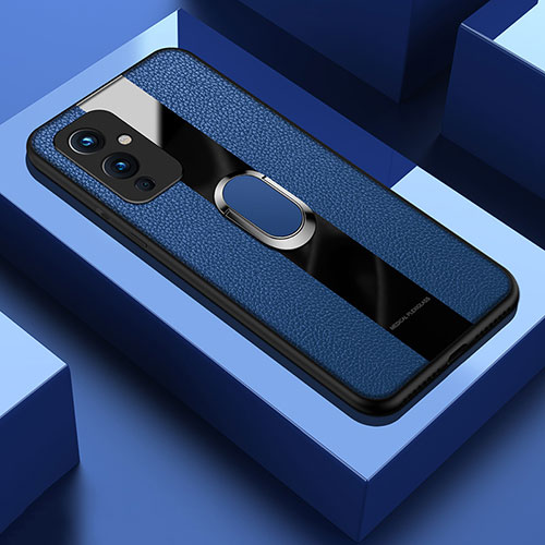 Soft Silicone Gel Leather Snap On Case Cover with Magnetic Finger Ring Stand PB1 for OnePlus 9 5G Blue