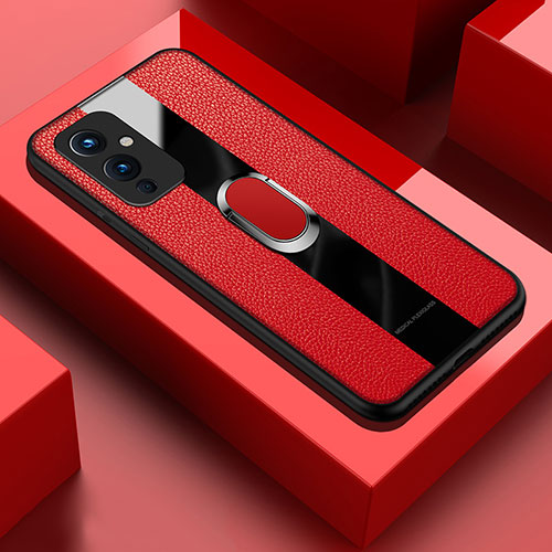 Soft Silicone Gel Leather Snap On Case Cover with Magnetic Finger Ring Stand PB1 for OnePlus 9 5G Red