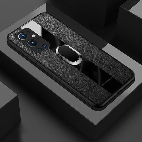 Soft Silicone Gel Leather Snap On Case Cover with Magnetic Finger Ring Stand PB1 for OnePlus 9 Pro 5G Black