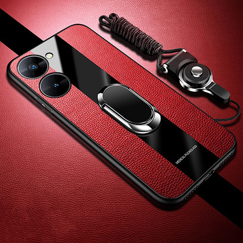 Soft Silicone Gel Leather Snap On Case Cover with Magnetic Finger Ring Stand PB1 for Realme 10S 5G Red