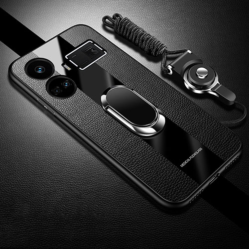 Soft Silicone Gel Leather Snap On Case Cover with Magnetic Finger Ring Stand PB1 for Realme GT Neo5 5G Black