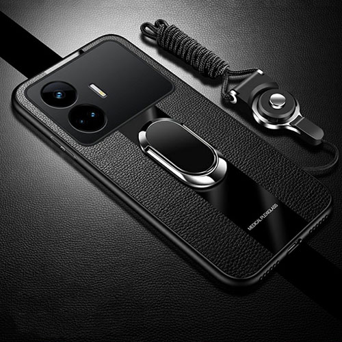 Soft Silicone Gel Leather Snap On Case Cover with Magnetic Finger Ring Stand PB1 for Realme GT Neo5 SE 5G Black