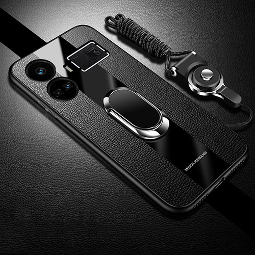 Soft Silicone Gel Leather Snap On Case Cover with Magnetic Finger Ring Stand PB1 for Realme GT Neo6 5G Black