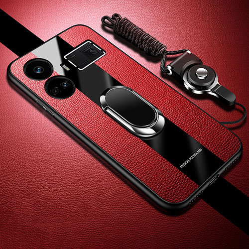 Soft Silicone Gel Leather Snap On Case Cover with Magnetic Finger Ring Stand PB1 for Realme GT Neo6 5G Red