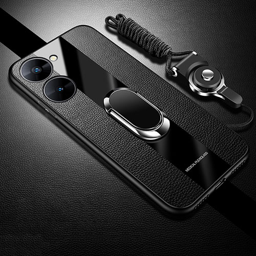 Soft Silicone Gel Leather Snap On Case Cover with Magnetic Finger Ring Stand PB1 for Realme V30t 5G Black