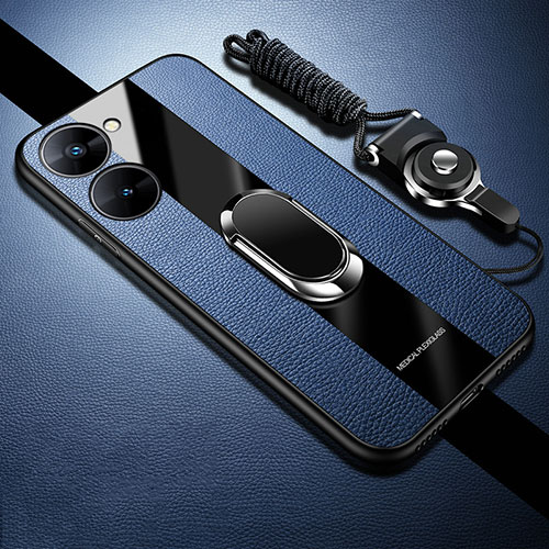 Soft Silicone Gel Leather Snap On Case Cover with Magnetic Finger Ring Stand PB1 for Realme V30t 5G Blue