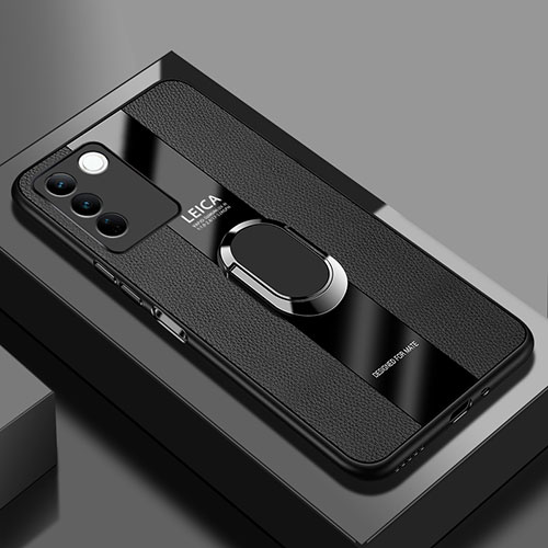 Soft Silicone Gel Leather Snap On Case Cover with Magnetic Finger Ring Stand PB1 for Vivo V27 Pro 5G Black