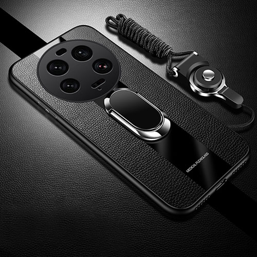 Soft Silicone Gel Leather Snap On Case Cover with Magnetic Finger Ring Stand PB1 for Xiaomi Mi 13 Ultra 5G Black