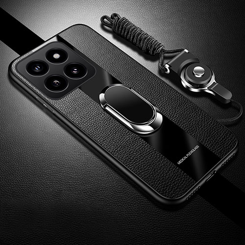 Soft Silicone Gel Leather Snap On Case Cover with Magnetic Finger Ring Stand PB1 for Xiaomi Mi 14 5G Black