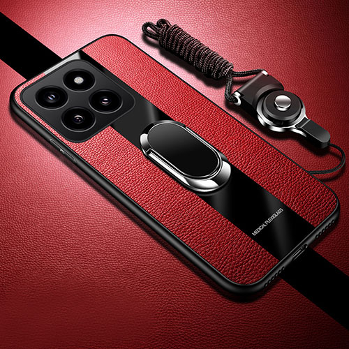 Soft Silicone Gel Leather Snap On Case Cover with Magnetic Finger Ring Stand PB1 for Xiaomi Mi 14 5G Red