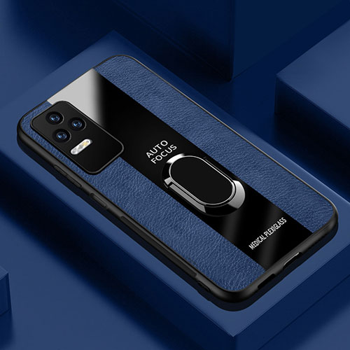 Soft Silicone Gel Leather Snap On Case Cover with Magnetic Finger Ring Stand PB1 for Xiaomi Poco F4 5G Blue