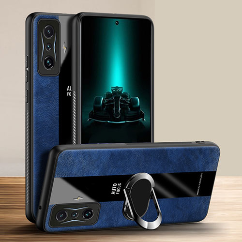 Soft Silicone Gel Leather Snap On Case Cover with Magnetic Finger Ring Stand PB1 for Xiaomi Poco F4 GT 5G Blue