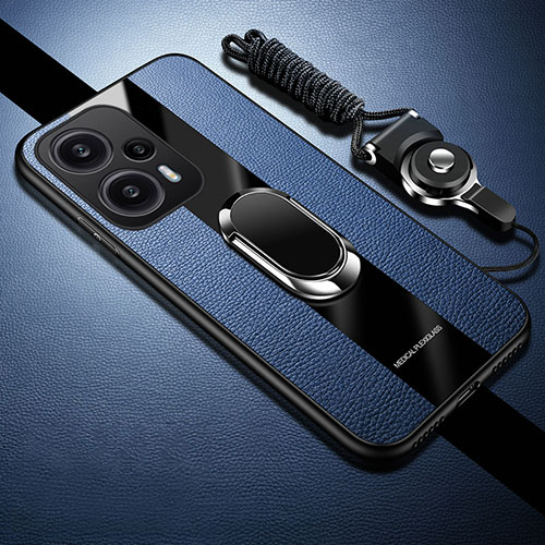 Soft Silicone Gel Leather Snap On Case Cover with Magnetic Finger Ring Stand PB1 for Xiaomi Poco F5 5G Blue