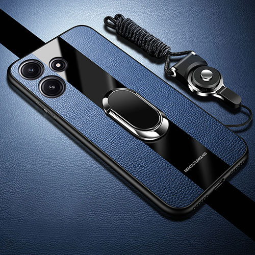 Soft Silicone Gel Leather Snap On Case Cover with Magnetic Finger Ring Stand PB1 for Xiaomi Poco M6 Pro 5G Blue