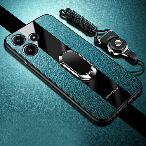 Soft Silicone Gel Leather Snap On Case Cover with Magnetic Finger Ring Stand PB1 for Xiaomi Poco M6 Pro 5G Green