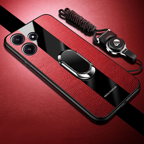 Soft Silicone Gel Leather Snap On Case Cover with Magnetic Finger Ring Stand PB1 for Xiaomi Redmi 12 5G Red