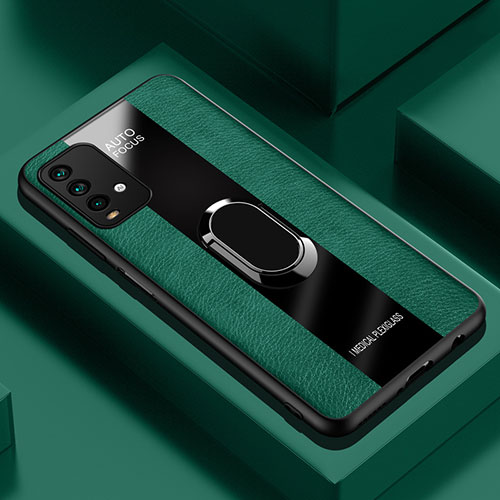 Soft Silicone Gel Leather Snap On Case Cover with Magnetic Finger Ring Stand PB1 for Xiaomi Redmi 9T 4G Green