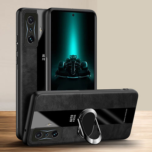 Soft Silicone Gel Leather Snap On Case Cover with Magnetic Finger Ring Stand PB1 for Xiaomi Redmi K50 Gaming 5G Black