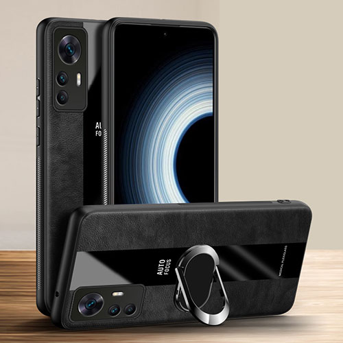 Soft Silicone Gel Leather Snap On Case Cover with Magnetic Finger Ring Stand PB1 for Xiaomi Redmi K50 Ultra 5G Black