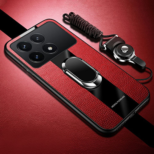 Soft Silicone Gel Leather Snap On Case Cover with Magnetic Finger Ring Stand PB1 for Xiaomi Redmi K70 5G Red