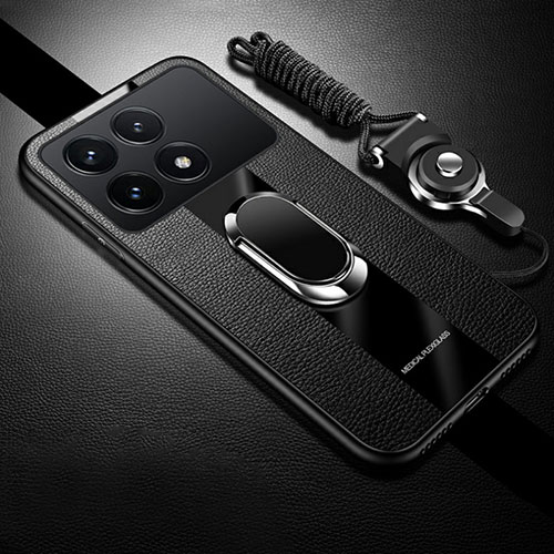 Soft Silicone Gel Leather Snap On Case Cover with Magnetic Finger Ring Stand PB1 for Xiaomi Redmi K70E 5G Black