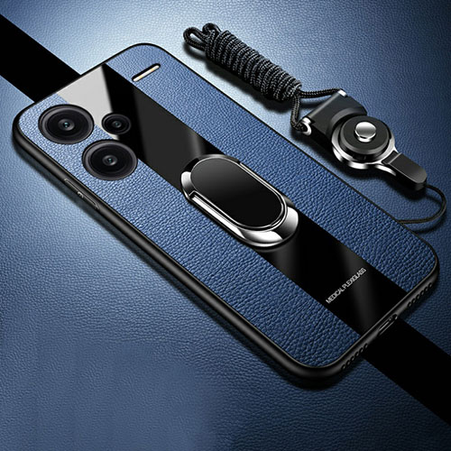 Soft Silicone Gel Leather Snap On Case Cover with Magnetic Finger Ring Stand PB1 for Xiaomi Redmi Note 13 Pro+ Plus 5G Blue