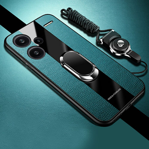 Soft Silicone Gel Leather Snap On Case Cover with Magnetic Finger Ring Stand PB1 for Xiaomi Redmi Note 13 Pro+ Plus 5G Green