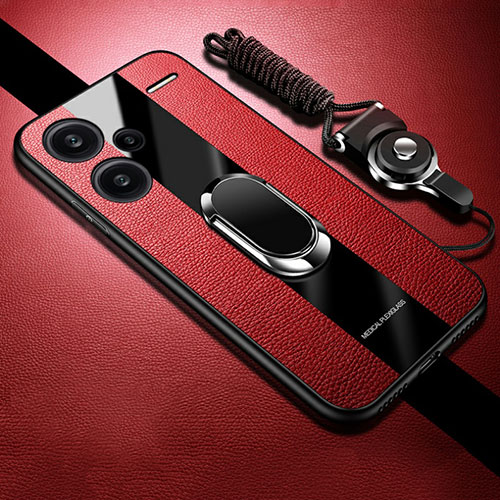 Soft Silicone Gel Leather Snap On Case Cover with Magnetic Finger Ring Stand PB1 for Xiaomi Redmi Note 13 Pro+ Plus 5G Red
