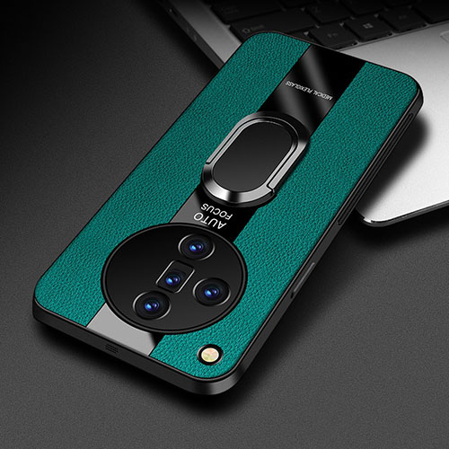 Soft Silicone Gel Leather Snap On Case Cover with Magnetic Finger Ring Stand PB2 for Oppo Find X7 5G Green