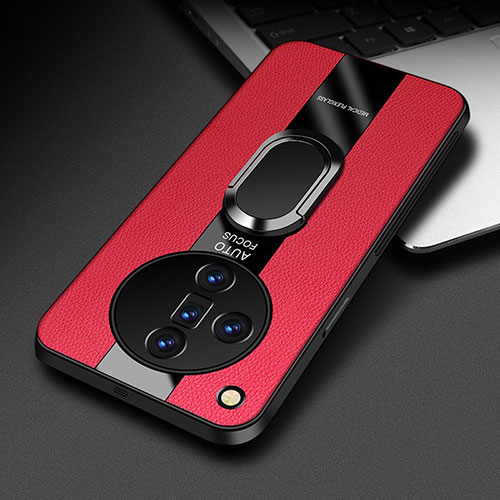 Soft Silicone Gel Leather Snap On Case Cover with Magnetic Finger Ring Stand PB2 for Oppo Find X7 5G Red