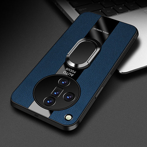 Soft Silicone Gel Leather Snap On Case Cover with Magnetic Finger Ring Stand PB2 for Oppo Find X7 Ultra 5G Blue