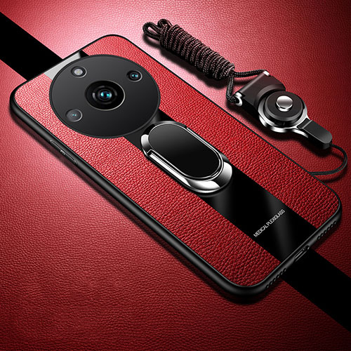 Soft Silicone Gel Leather Snap On Case Cover with Magnetic Finger Ring Stand PB2 for Realme 11 Pro+ Plus 5G Red