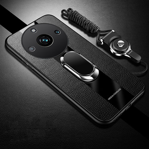 Soft Silicone Gel Leather Snap On Case Cover with Magnetic Finger Ring Stand PB2 for Realme Narzo 60 5G Black