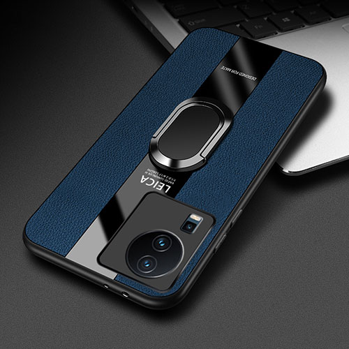 Soft Silicone Gel Leather Snap On Case Cover with Magnetic Finger Ring Stand PB2 for Vivo iQOO Neo7 5G Blue