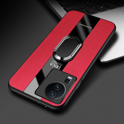 Soft Silicone Gel Leather Snap On Case Cover with Magnetic Finger Ring Stand PB2 for Vivo iQOO Neo7 SE Red