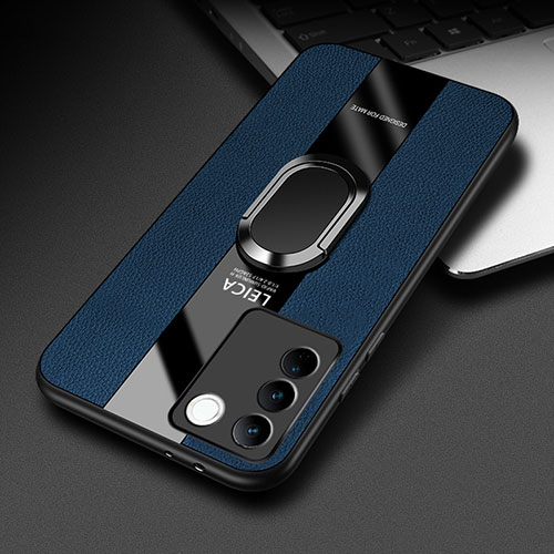 Soft Silicone Gel Leather Snap On Case Cover with Magnetic Finger Ring Stand PB2 for Vivo V27 5G Blue