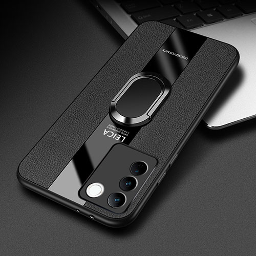 Soft Silicone Gel Leather Snap On Case Cover with Magnetic Finger Ring Stand PB2 for Vivo V27 Pro 5G Black