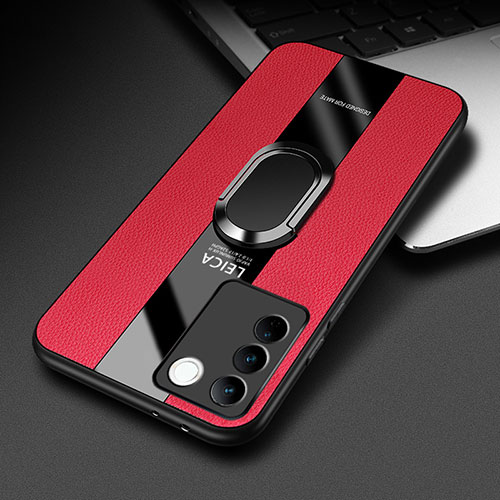 Soft Silicone Gel Leather Snap On Case Cover with Magnetic Finger Ring Stand PB2 for Vivo V27e 5G Red