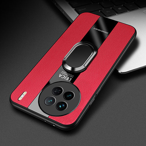 Soft Silicone Gel Leather Snap On Case Cover with Magnetic Finger Ring Stand PB2 for Vivo X90 5G Red