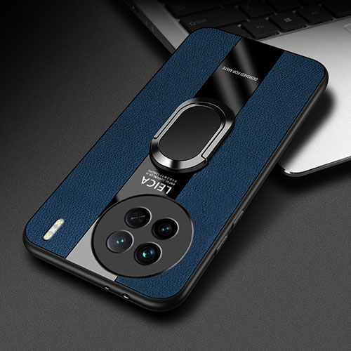 Soft Silicone Gel Leather Snap On Case Cover with Magnetic Finger Ring Stand PB2 for Vivo X90 Pro 5G Blue