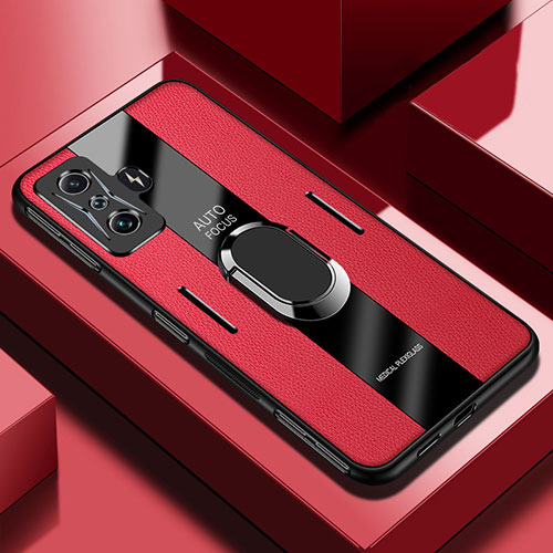 Soft Silicone Gel Leather Snap On Case Cover with Magnetic Finger Ring Stand PB2 for Xiaomi Poco F4 GT 5G Red