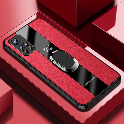 Soft Silicone Gel Leather Snap On Case Cover with Magnetic Finger Ring Stand PB2 for Xiaomi Poco M4 Pro 5G Red