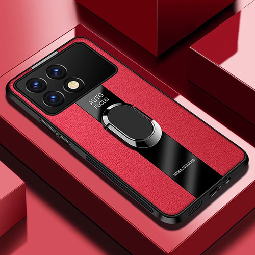 Soft Silicone Gel Leather Snap On Case Cover with Magnetic Finger Ring Stand PB2 for Xiaomi Redmi K70 5G Red