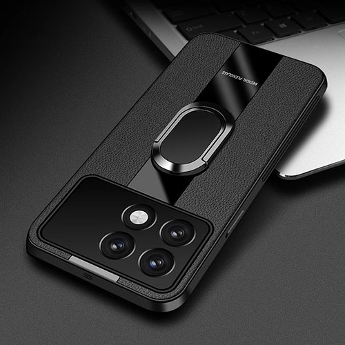 Soft Silicone Gel Leather Snap On Case Cover with Magnetic Finger Ring Stand PB3 for Xiaomi Redmi K70E 5G Black